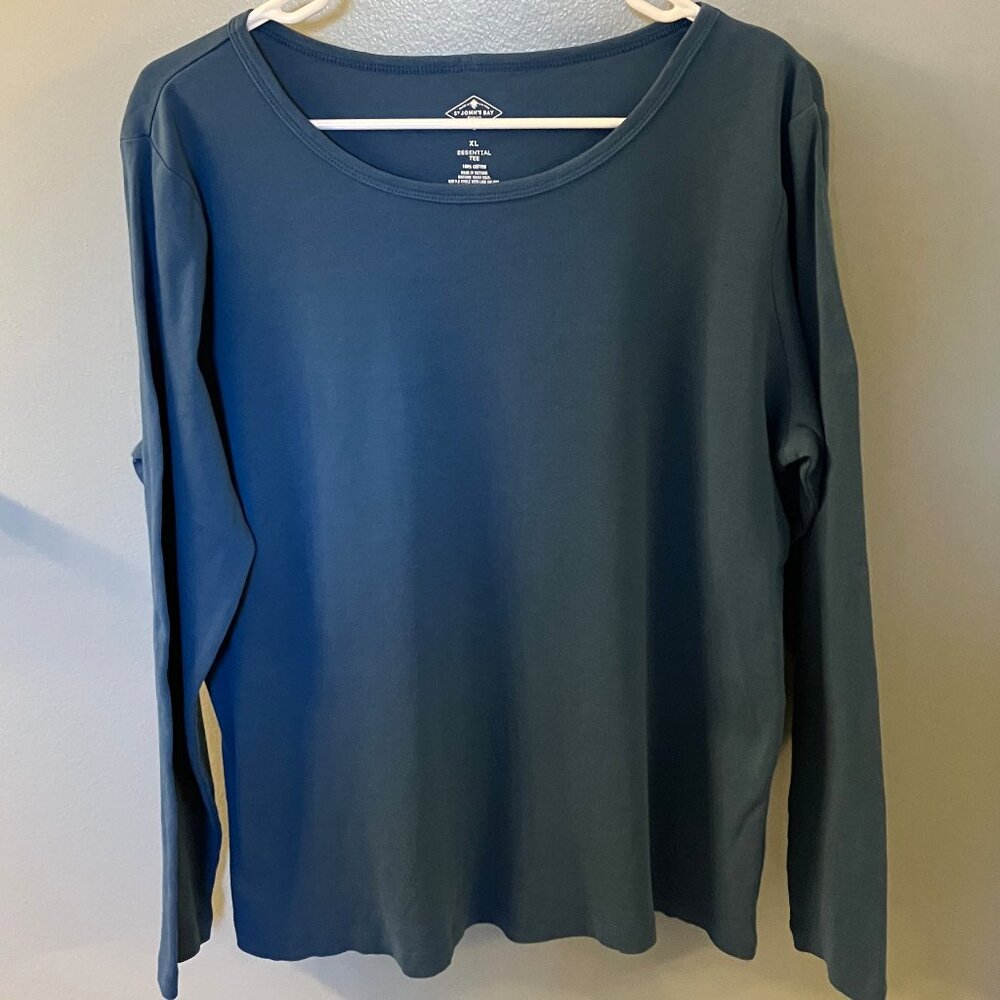St. John's Bay Womens Rich Teal Long Sleeve Round Neck Essential Tee Size XL